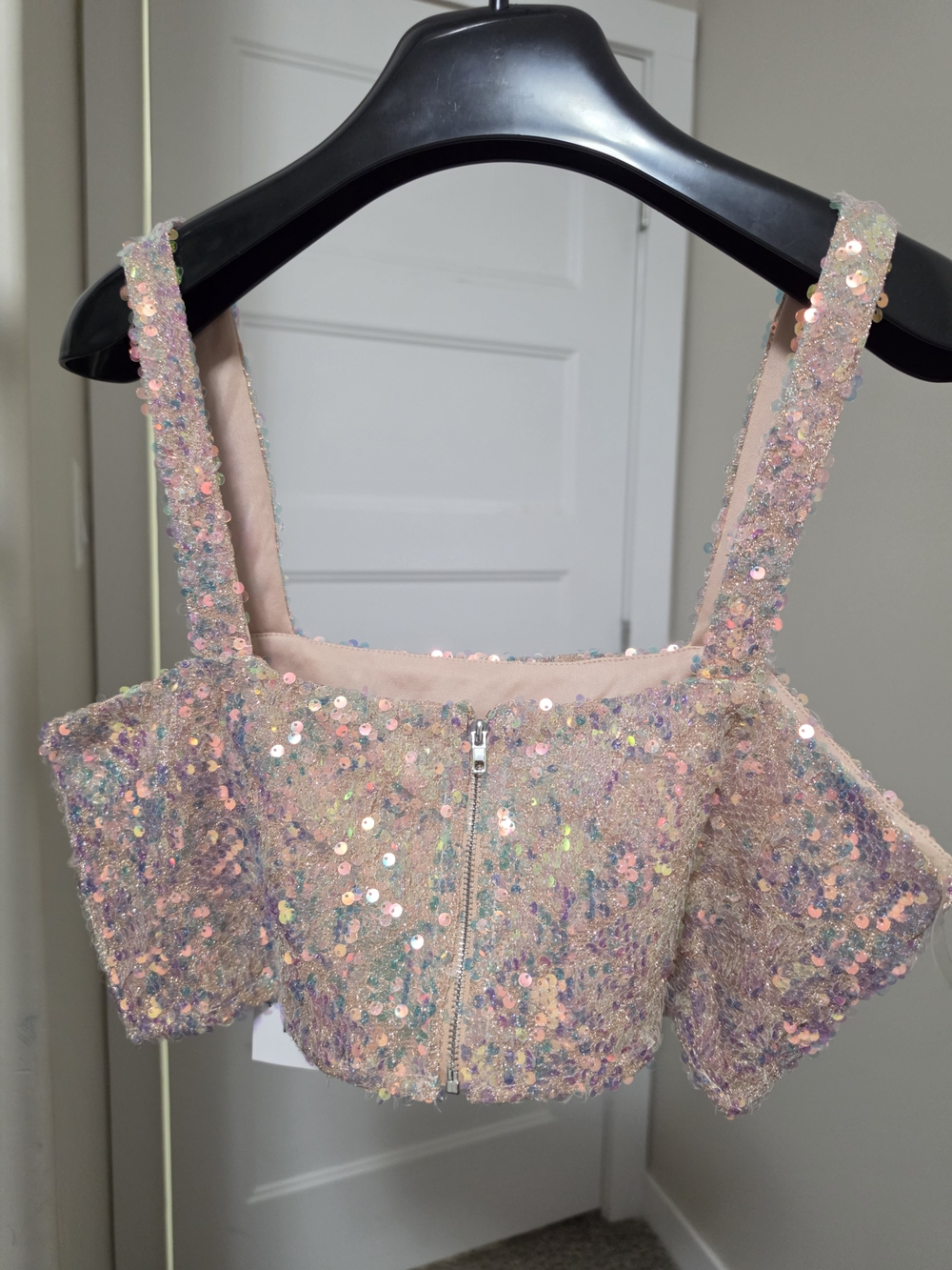 Iridescent Pink Sequin Crop Top Large - Picture 3 of 8